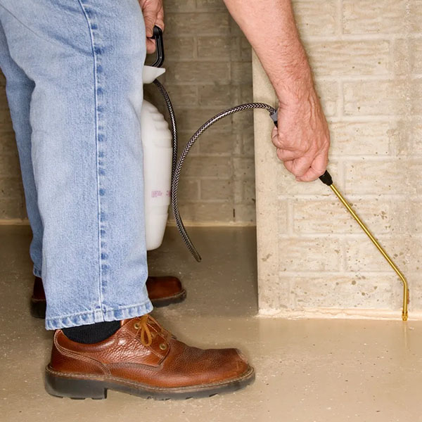 Photo of a technician spraying at the edge of a basement floor.  