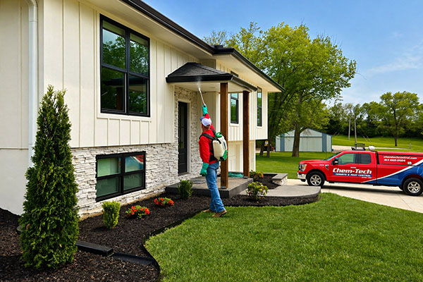 A Chem-Tech termite and pest control technician treats a residential property. The technician is wearing a backpack sprayer and applying treatment to the gutters and soffet of a white board-and-batten home. A red company truck is parked in the driveway.